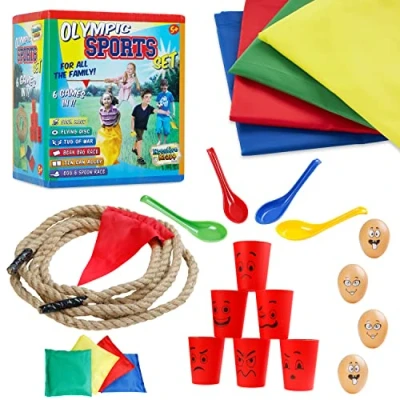 Immagine di Set di Giochi da Giardino 6 in 1 o 3 per Feste Compleanno Bambini Gioco Esterno Gruppo All&#039;Aperto Kit Psicomotricità Corsa con i Sacchi, Uovo e Cucchiaio (Multicolore 1)