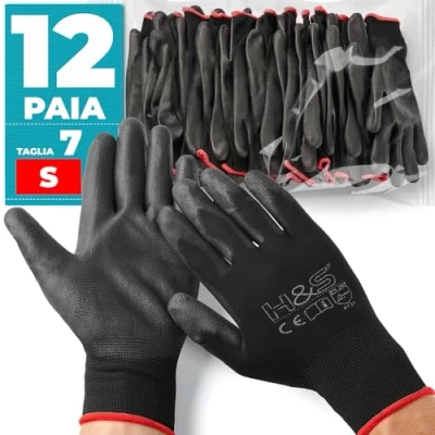 Immagine di 12 paia di guanti da lavoro ISC H &amp; S, nylon, rivestimento in PU; S small (7), M medium (8), L large (9), XL x (10), XXL (11); senza soluzione continuità, versatile, nero, (7)