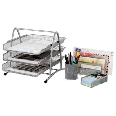 Immagine di Set di 4 portaoggetti da scrivania, comprensivo mensola portalettere, portamatite, porta blocchetti per appunti e raccoglitore portadocumenti Silver