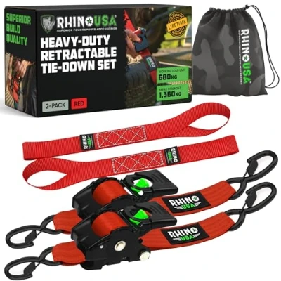 Immagine di Cinghie di tensione retrattili con cricchetto da (confezione 2) 1360 kg carico rottura, incluse (2) automatiche ultimate 5.0 cm x 3 m maniglie imbottite Rossa