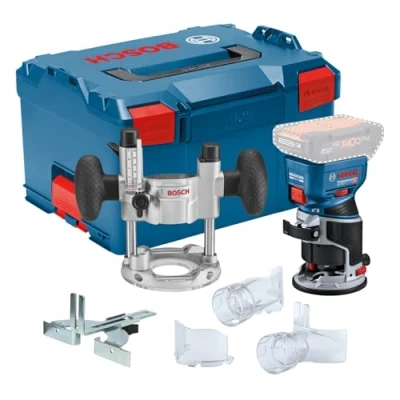 Immagine di Bosch Professional 18V System Rifilatore a batteria GKF 8 (incl. guida paral., 2 adat. aspir. rif., prot. tru., pinza mm, chiave, base imm. TE, imm., L BOXX, s. batt./caric.)