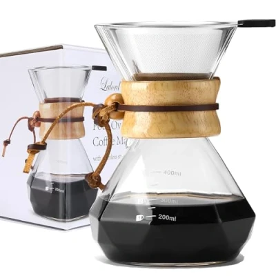 Immagine di Lalord Caffettiera Pour Over con Filtro Riutilizzabile in Acciaio Inossidabile, Caraffa da Caffè Vetro Borosilicato, Collare Legno, Gocciolatore per Caffè, Capacità 2 Tazze, 400 ml.