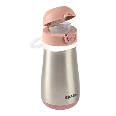 Immagine di BÉABA, 2 in 1 Bottiglia Acciaio Inossidabile Bambini, Funzione Bottiglia/Bicchiere, Pulsante Facile Apertura, Solido, Sano, Maniglie Rimovibili, Freddo/Caldo, 350ml, Rosa