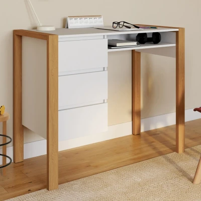 Immagine di Scrivania scandinava HUGO con 3 cassetti e nicchia in legno bianco IDMarket