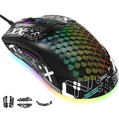 Immagine di KUIYN 383 PRO M5 mouse da gioco cablato ultraleggero, scocca leggera a nido d&#039;ape, Pixart PAW3325, 6 DPI regolabili 12000, 26 retroilluminati con respirazione RGB, 65 g, ottico USB modello