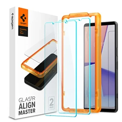 Immagine di Spigen AlignMaster Vetro Temperato compatibile con Sony Xperia 1 V, 2 Pezzi, Installazione Semplice Cornice di Allineamento, Cristallino, Durezza 9H Pellicola prottetiva