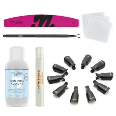 Immagine di Mylee Take Off Kit Set Completo per Rimozione di Smalto Gel Semipermanente Acetone, Clip Riutilizzabili, Salviette Unghie, Lima Penna con Olio Cuticole e Raschietto