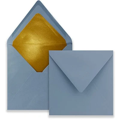 Immagine di 100x buste quadrate 15,5 x cm Colore: grigio blu foderato con carta metallizzata oro Incollaggio a umido per inviti e saluti cari