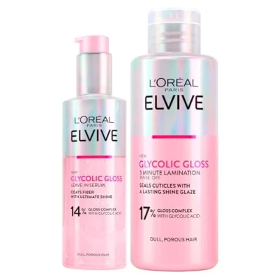 Immagine di L&#039;Oréal Paris Elvive Glycolic Gloss Siero Senza Risciacquo per Capelli Porosi e Spenti Lucentezza Intesa Duratura da 150ml + Trattamento Laminazione 5 minuti con Acido Glicolico 200ml 2 Flaconi