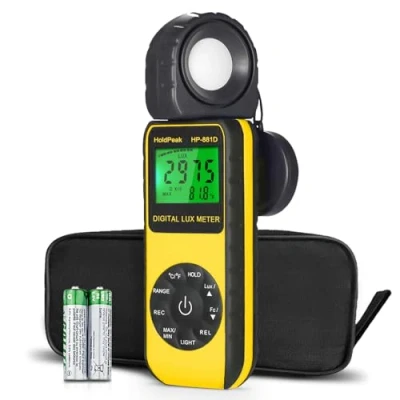 Immagine di HoldPeak 881D Luxmetro Digitale Professionale, Misuratore di Luce 0.1 400,000 Lux, 1 40,000 FC,Misurare Temperatura,LCD Retroilluminato,Batteria Inclusa…