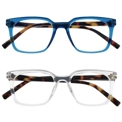 Immagine di OPULIZE KOI Occhiali da Lettura, Confezione 2 Montatura Rettangolare Grande Blu Trasparente Uomo e Donna Cerniere a Molla RR50 3C +1.50
