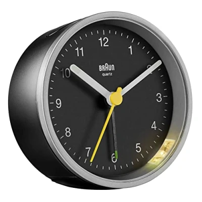 Immagine di Braun Sveglia al quarzo di colore nero argento con allarme Crescendo, funzione snooze e illuminazione, BC12SB, 7,5 x 3,5 cm