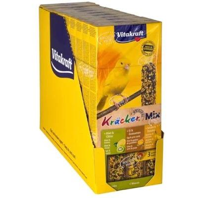Immagine di Vitakraft Kräcker Mix, snack per uccelli, canarini, bastoncini da sgranocchiare, con uovo e semi prato, kiwi limone, banana sesamo, senza l&#039;aggiunta di zuccheri (10x 80g)