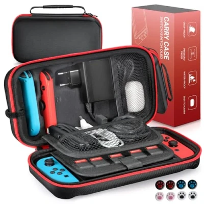 Immagine di Euqvunn Custodia Compatibile con Nintendo Switch/OLED, Rigida Protettiva da Viaggio per Console e accessori Switch, Adatta Joy &amp; Adattatore AC, 8 Tappi (Nero)