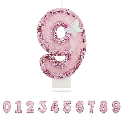 Immagine di candele di compleanno con numeri 9,3D, rosa, 9, decorazione per torte, compleanni, decorazioni