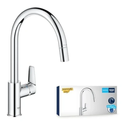 Immagine di GROHE QuickFix Start Edge, Miscelatore per lavello da cucina a 1 leva con funzione estraibile (bocca C alta, area girevole 360, cartuccia in ceramica 28 mm) 357 mm, Cromo, 30551000