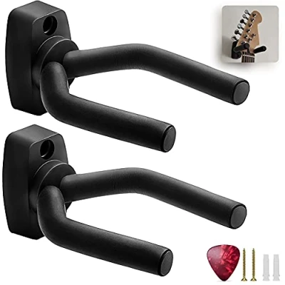 Immagine di Ganci da parete per chitarra Appendini tutte le chitarre elettriche e acustiche, basso Confezione 2 staffe con viti plettro Supporto regolabile in spugna morbida imbottita