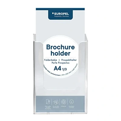 Immagine di Europel supporto da parete per brochure, formato 1/3 di A4, e dispenser, in acrilico trasparente, espositore opuscoli, volantini menu dispenser ufficio, ristoranti