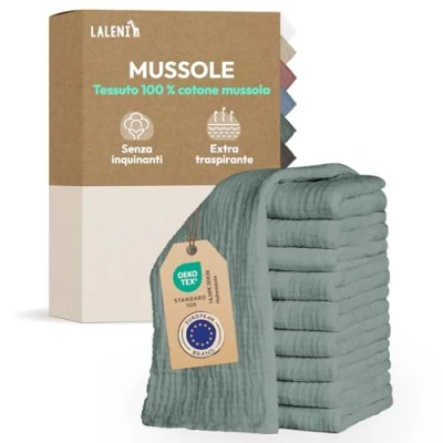 Immagine di Laleni Mussole Neonato Cotone 70x70cm In Set Di 10 Quadrotti Per Pelli Sensibili Asciugamani Extra Morbidi E Assorbenti Lavette Quadrati Verde