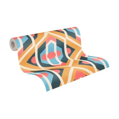 Immagine di A.S. Création Carta da parati retrò anni &#039;70, in tessuto non tessuto, motivo grafico, blu, giallo, rosso, crema, retro chic, 8,50 m x 0,53 m, prodotta Germania