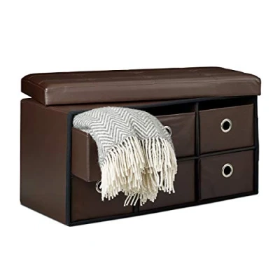Immagine di Relaxdays Cassapanca Contenitore, con 6 Pouf in Similpelle, HxLxP 36 x 76 38 cm, Panca Coperchio, Marrone