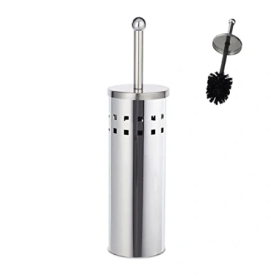 Immagine di Relaxdays Set di Scopino e Portascopino Rotondo, Bagno WC, Testa Spazzolone Sostituibile, Acciaio Inox, Argento Nero