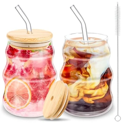 Immagine di BUOAZR 2 Pezzi Latte Macchiato Bicchieri da Caffè, 530ML Tazze in Vetro Ondulato, Tè Vetro, con Coperchio e Cannuccia Pennello, per Tè, Birra, Latte, Cocktail