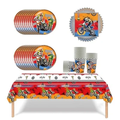 Immagine di Fuwraixis 61 pezzi di Stoviglie per feste motocross, compleanno bambini, Set posate piatti carta, battesimo un neonato e anniversario, 20 persone