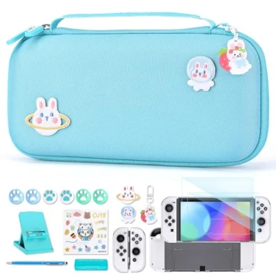 Immagine di innoAura Accessori NS Switch OLED Pacchetto 18 in 1 con Custodia Switch, per Giochi Protezione Schermo Supporto Thumb Grips (Blu)