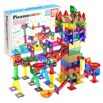 Immagine di PicassoTiles Marble Run 100 pezzi piastrelle magnetiche Race Track Toy Play Set STEM Building &amp; Learning Educational Magnet Construction Bambino Kit di sviluppo del cervello Ragazzi Ragazze Età 3 4 5