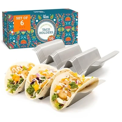 Immagine di Chef Tacos Porta in Acciaio Inossidabile Set di 6 Vassoi per con Maniglie Integrate, Lavabili Lavastoviglie e Adatti alla Griglia, Senza BPA Accessori Feste a Tema Cucina Messicana