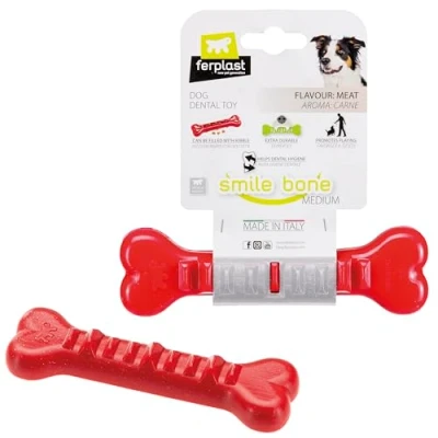 Immagine di Ferplast Gioco Cane, Osso Dispenser Crocchette Cani, in Materiale Durevole da Masticare, Aroma Carne, per Igiene Dentale, SMILE Osso, Giochi Cane Medio, Rosso
