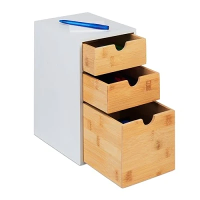 Immagine di Relaxdays Portaoggetti da Scrivania con Cassetti, 3 Cassettini, Organizer in bambù, 28 x 17 21,5 cm, Naturale Bianco, Fibra di Legno