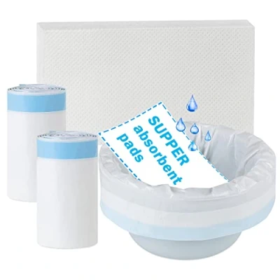 Immagine di Commode Liner con cuscinetti assorbenti,40 sacchetti usa e getta super assorbenti, getta, igienici portatili, da campeggio, Assorbono fino a 1000 ml