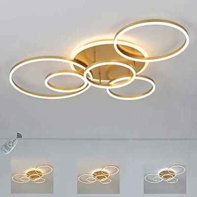 Immagine di plafoniera LED Soffitto salotto, Dimmerabile Lampada da con Telecomando,Plafoniere timer e funzione luce notturna, 6 Anello Oro Lampadario Cameretta