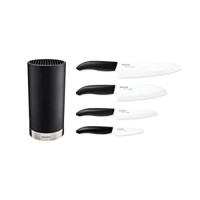 Immagine di Kyocera KB RD BK 4KN FK EU Set di coltelli in ceramica con coltello multiuso, universale e Santoku blocco rotondo per 8 coltelli, lama zirconia, levigata a mano