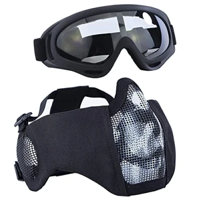 Immagine di Aoutacc Set di accessori protettivi per softair, maschera a metà viso in rete con protezione le orecchie, e occhialini CS / caccia paintball tiro, Wb