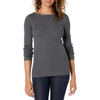 Immagine di Amazon Essentials Maglione Aderente con Scollo a Barchetta Maniche Lunghe Leggero Coste Donna, Carbone Puntinato, XS
