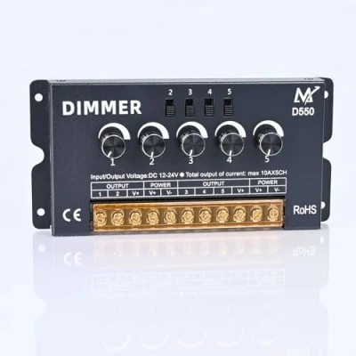 Immagine di TOPAI Striscia LED Dimmer Switch Controller, 5 Manopole Controllo Indipendente Dimmer, DC 12V 24V Max50A, Strip Regolazione Della Luminosità per Monocolore Strisce COB, 2835, 5050.