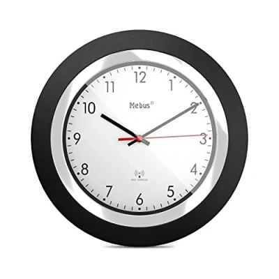 Immagine di Mebus Funk Wanduhr/klassisches Model/schwarzer Rahmen/weißes Zifferblatt / 24cm Durchmesser/Rund/Funkuhr (DCF77) Modell: 19451 Farbe: Schwarz, Weiß