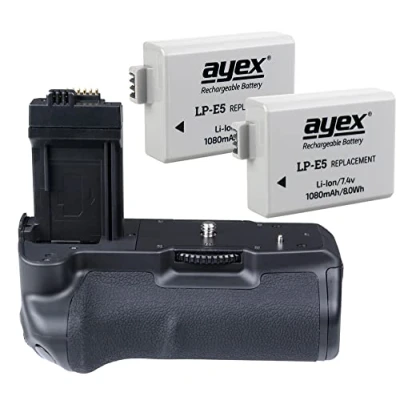 Immagine di ayex Impugnatura per batteria Canon EOS 1000D 500D 450D simile a BG E5, con 2 batterie LP compatibile al 100%, ideale scattare foto in formato verticale