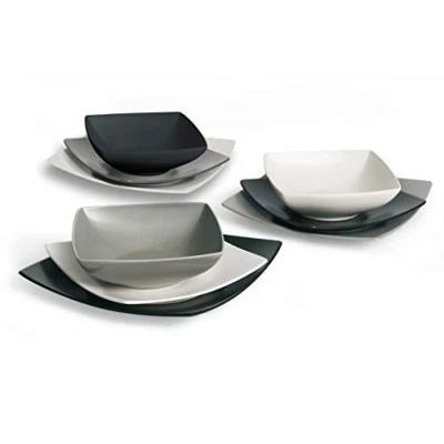 Immagine di Excelsa Eclipse Servizio Piatti Quadrati 18 Pezzi, Ceramica, Bianco, Nero e Grigio