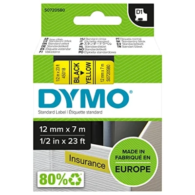 Immagine di Dymo D1 Etichette Autoadesive per Stampanti LabelManager, Rotolo da 12 mm x 7 m, Stampa Nero su Giallo, 1 Pezzo