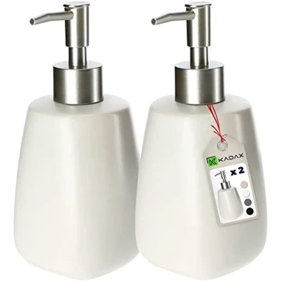 Immagine di KADAX Dispenser di Sapone Liquido 400 ml, Dosasapone in Ceramica, Portasapone per Detersivo Piatti, Accessori Bagno e Cucina (Set 2, Crema)