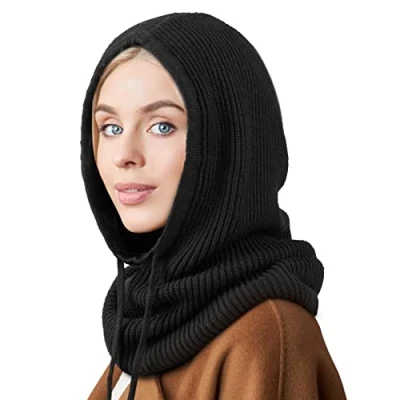 Immagine di DRESHOW Cappelli Invernali per le Donna Balaclava Knit Beanie Skull Cap con Coulisse Caldo Cappuccio Sciarpa Cappello