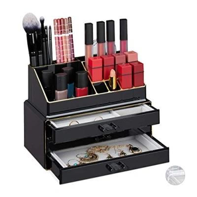 Immagine di relaxdays Porta Trucchi, Organizer per Make Up, 2 Parti, con Portagioielli, 3 Cassetti,Plastica,18,5x23,5x15 cm,Nero/Oro, PS, Velluto, 1 pz