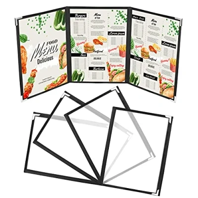 Immagine di Kurtzy Porta Brochure A4 (5pz) Menu Ristorante a 3 Sezioni Double Face Stile Americano Espositore Nero e Trasparente con Protezione Angoli Listino Ristoranti, Bar, Cibo Bevande