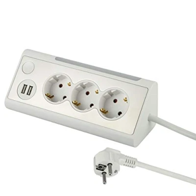 Immagine di Electraline 62513 Multipresa ad Angolo Multifunzione con 3 Prese Schuko/Tedesca, 2 Porte USB Interruttore Luce Notturna LED On/off, Cavo 1.5 Metri, Bianco