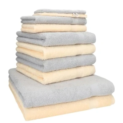 Immagine di Betz Set di 10 Asciugamani Premium 2 da Doccia 4 per Ospiti Guanti Bagno 100% Cotone Colore Grigio Argento e Beige