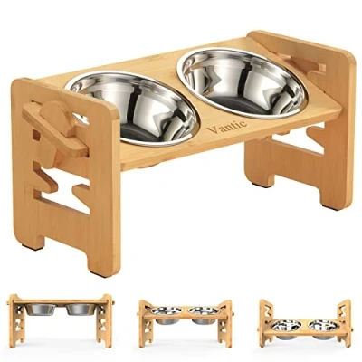 Immagine di Vantic Ciotole per Cani Rialzate, Porta Gatti Altezza Regolabile di bambù, Supporto Rialzato con 2 in Acciaio inox e Piedini Antiscivolo